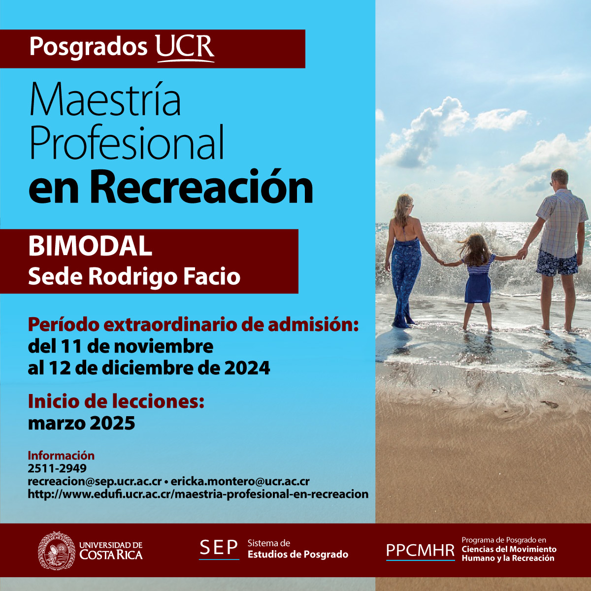 Imagen promocional de la maestría con fondos grises e imagen de una familia viendo al mar