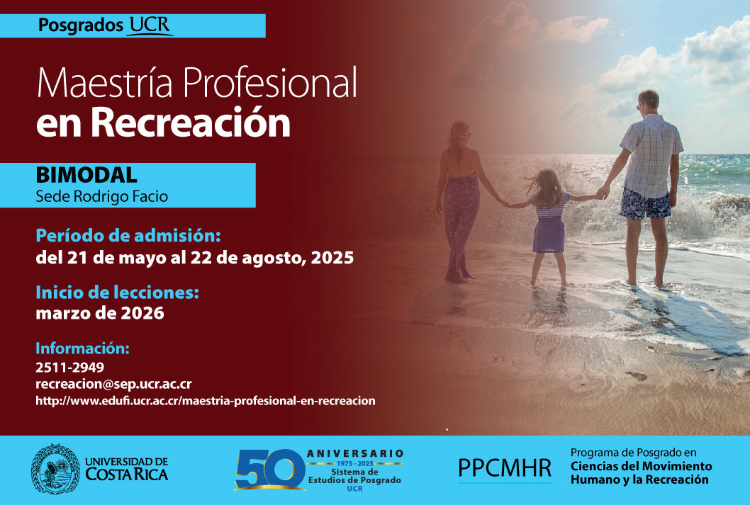 Imagen promocional de la maestría con fondos cafés e imagen de una familia viendo al mar